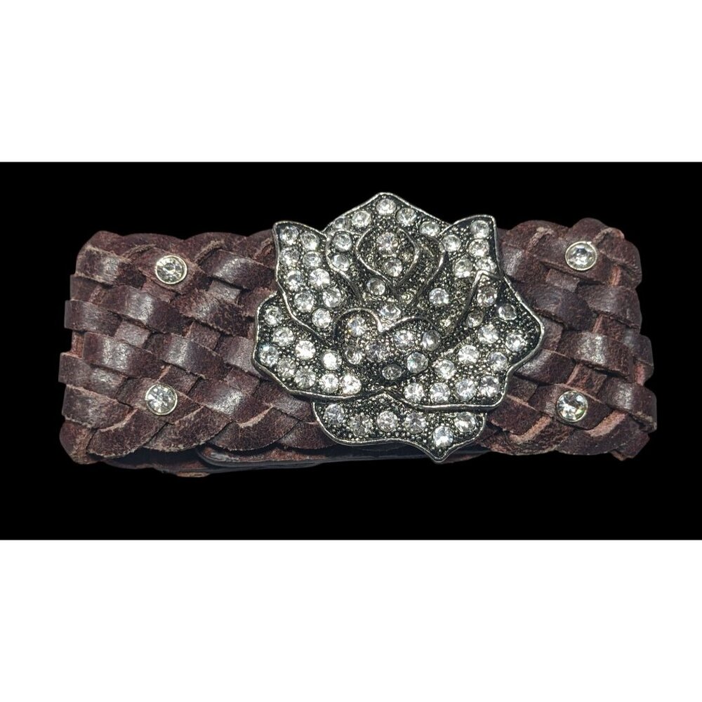 Cowgirl Glam Floral Braided Leather Rhinestone Bracelet